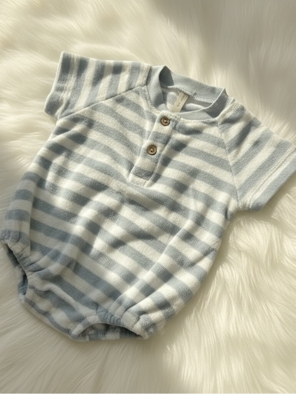 Quincy Mae Terry Henley Romper Striped Baby Bodysuit in Blue & White